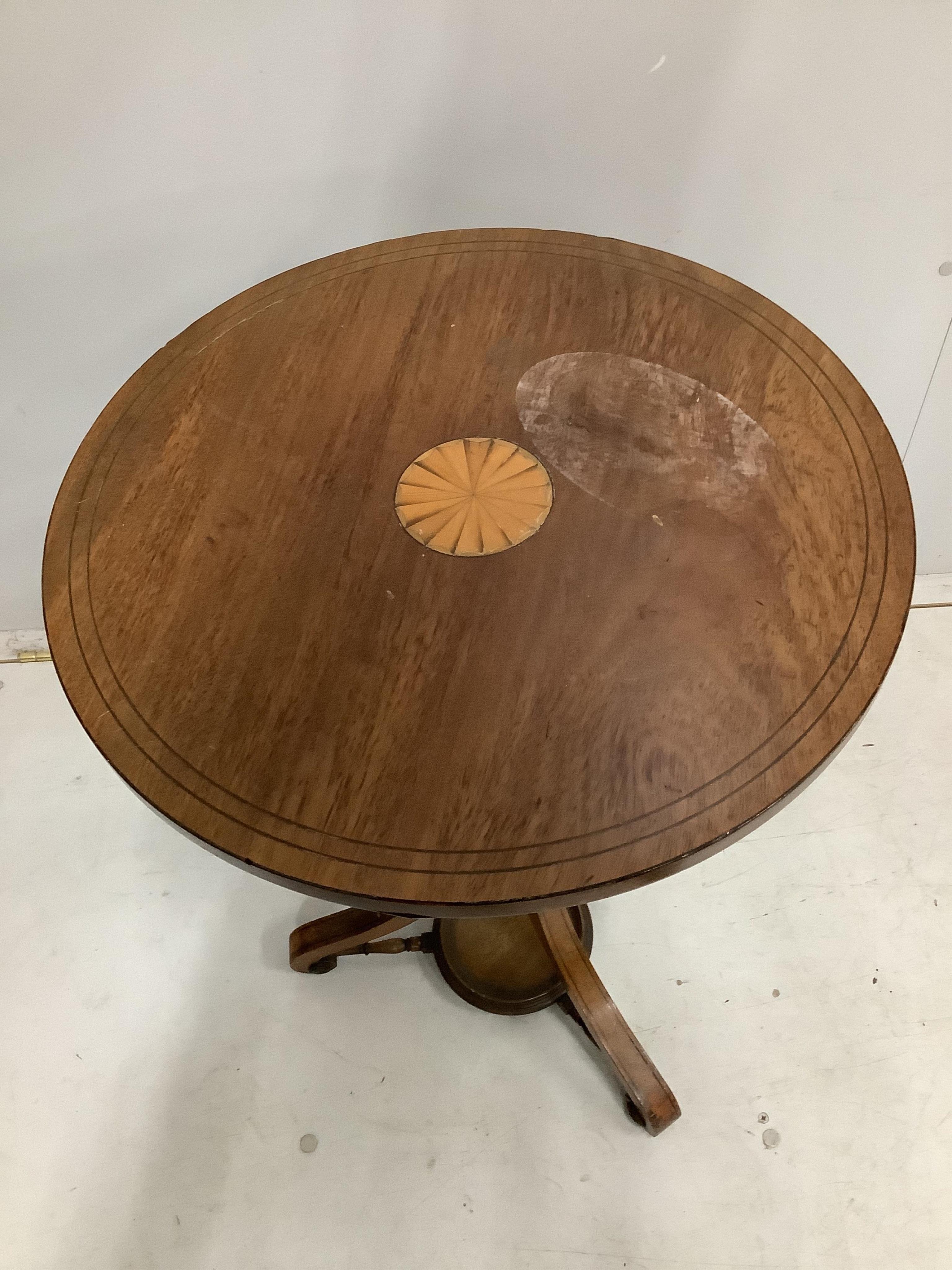 A 19th century and later inlaid mahogany circular occasional table, adapted from a globe stand, diameter 48cm, height 70cm